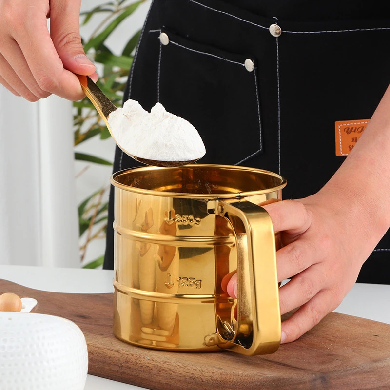 Semi-automatic Fine Mesh Flour Sieve Sifter with Measuring Scale Stainless Steel Icing Sugar Filter Cup Strainer Kitchen Baking