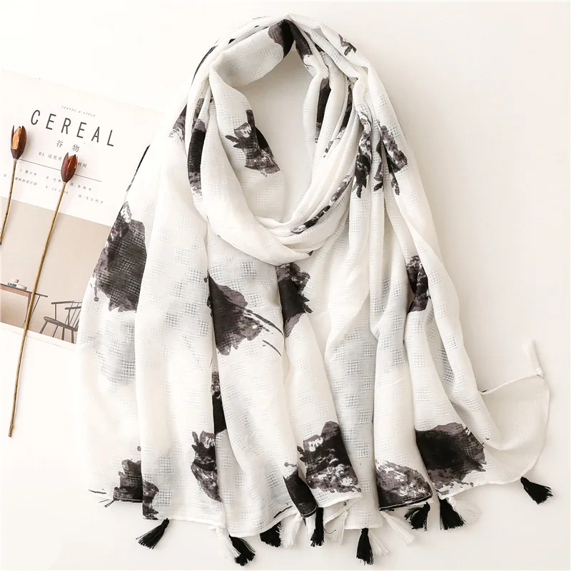 2023 Fashion Ombre Flower Print Tassel Scarf Shawls Soft Long Cotton Floral Pattern Wrap Hijab Scarves Free Shipping