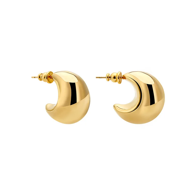 Gold Plated C Shape Hoop Earrings Glossy Bean Studs Thick Semi-circle Light Luxury Women Ear Jewelry