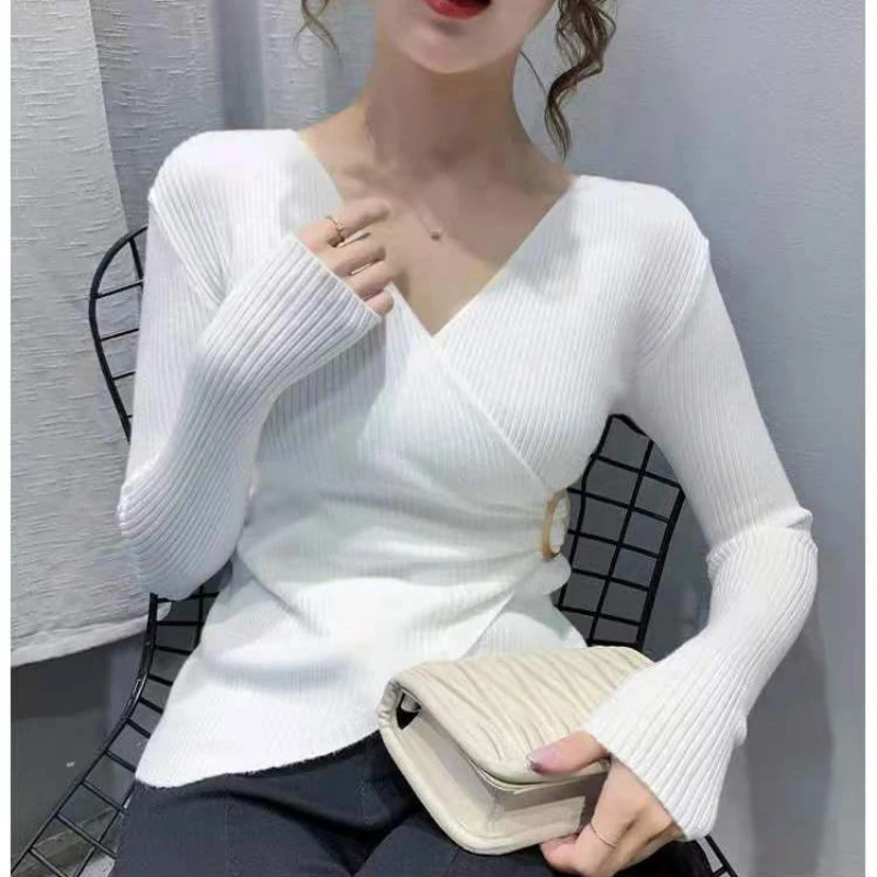 Primavera otoño nuevo cuello en V manga larga suéter de moda mujeres High Street Casual Slim jerseys estilo coreano elegante todo-fósforo Tops