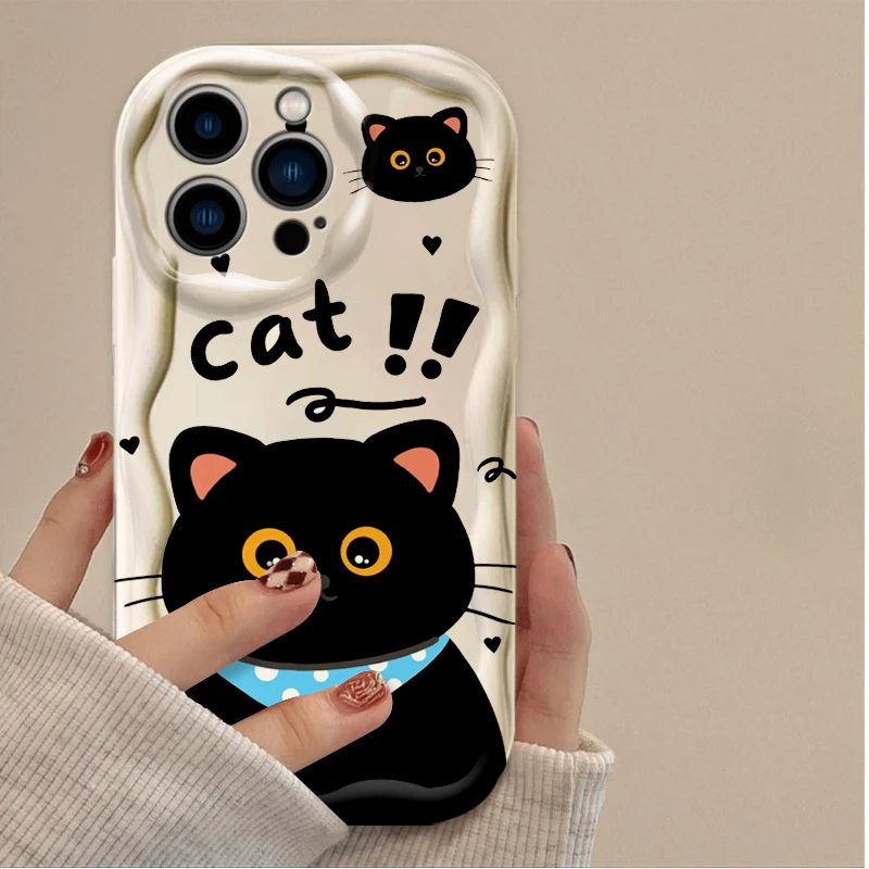 Creative Black Cat Cartoon Wavy Phone Case for IPhone 17 16 15 14 13 12 11 Pro Max Plus 17Air 16E XR XS X 7 8 Shockproof Cover