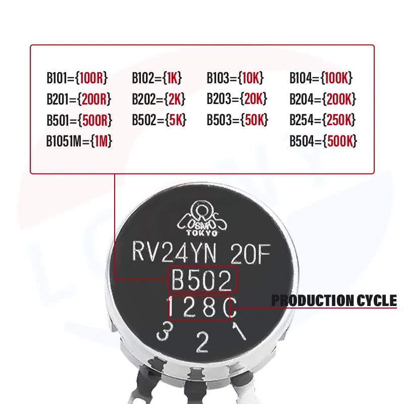 1Pcs/lot RV24YN20F B102 B103 B502 RV24YN 2W 1K 5K 10K Half Shaft Game Machine Rotary Carbon Film Potentiometer