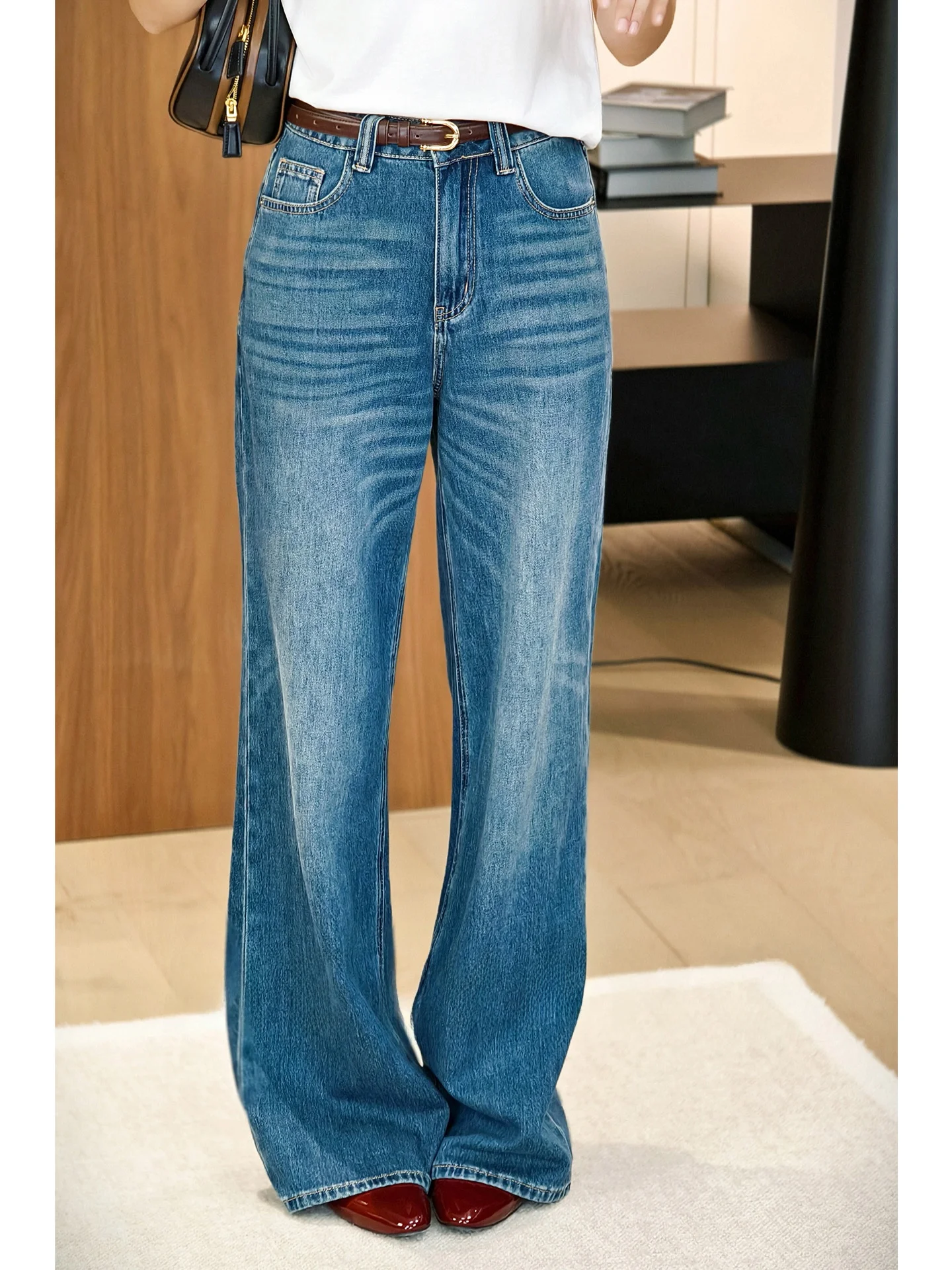 

Джинсы Meiyang Jelly Tee с номером, шелковые джинсовые широкие брюки с высокой талией, на молнии, повседневные, синего цвета, универсальные на четыре сезона