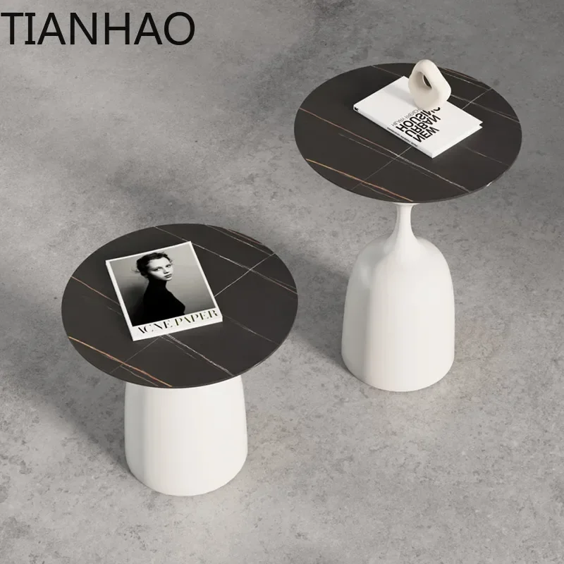 Marble Round Living Room Coffee Table - Luxury Modern Set, Black Low Center Table with Metal Frame, Fits Bedroom & Dining