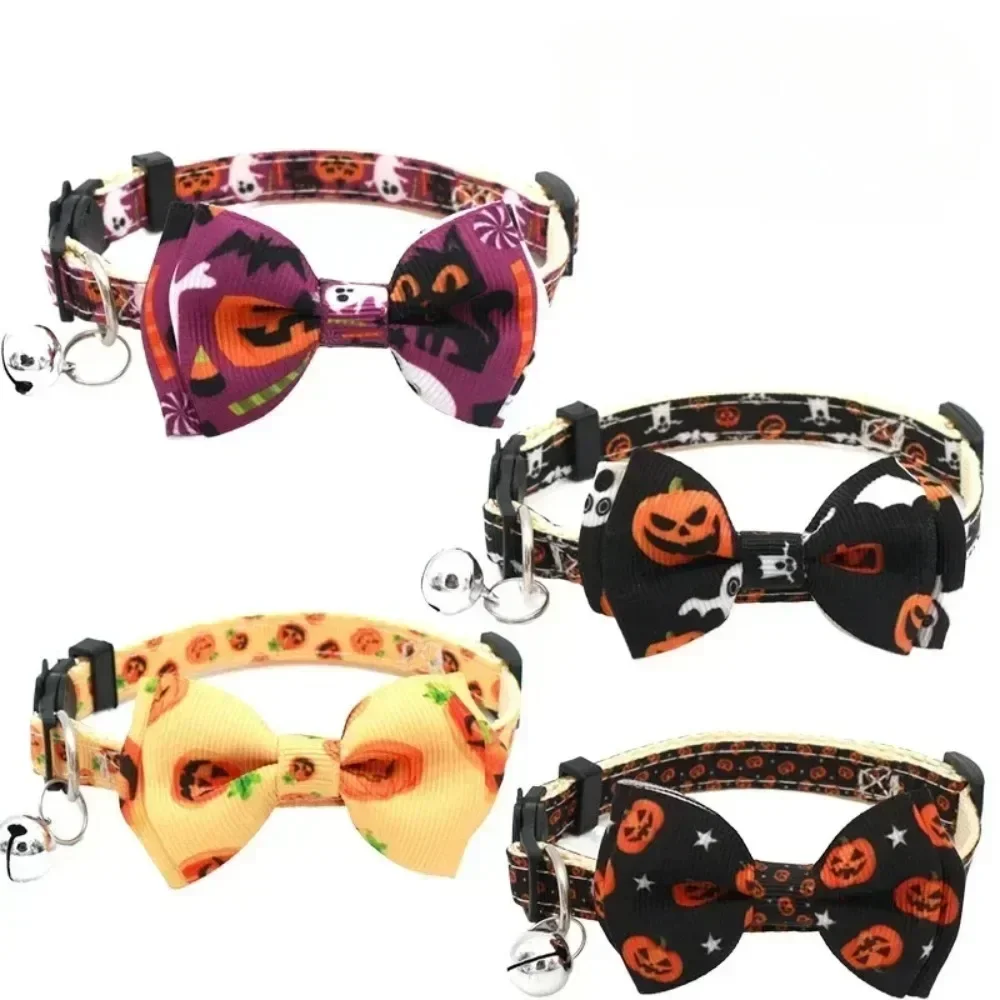 1× Halloween-Katzenhalsband mit Fliege, Glocke, Kürbis-, Totenkopf- und Geistermustern, Sicherheitsverschluss, verstellbares Katzenzubehör für Haustiere – Detail 6