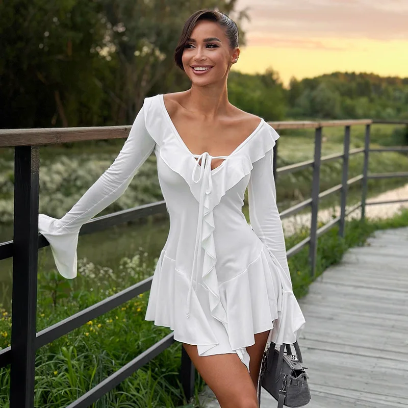 

Women's Trendy White Mini Dress With Ruffles Sexy Deep V Neck Long Sleeve Flare Dresses Holiday Vacation Beach Summer