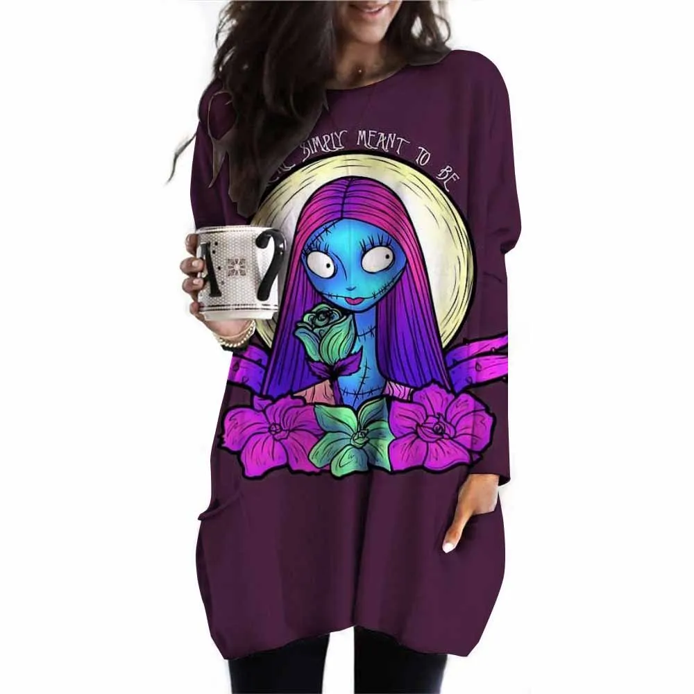 Large size casual T-shirt for women with enlarged pockets The Nightmare of Christmas printed long sleeved round neck micro elast