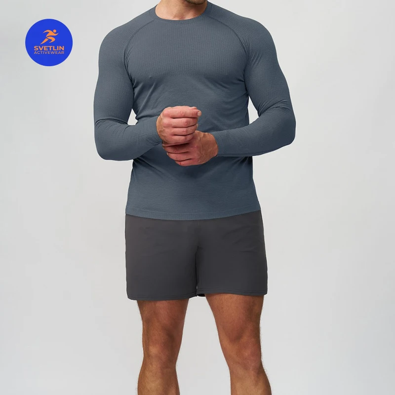 SVETLIN High Quality EU US Size Men Seamless Quick Dry Long Sleeve T-shirt Breathable Two-tone Base Layer Top for Fitness Yoga