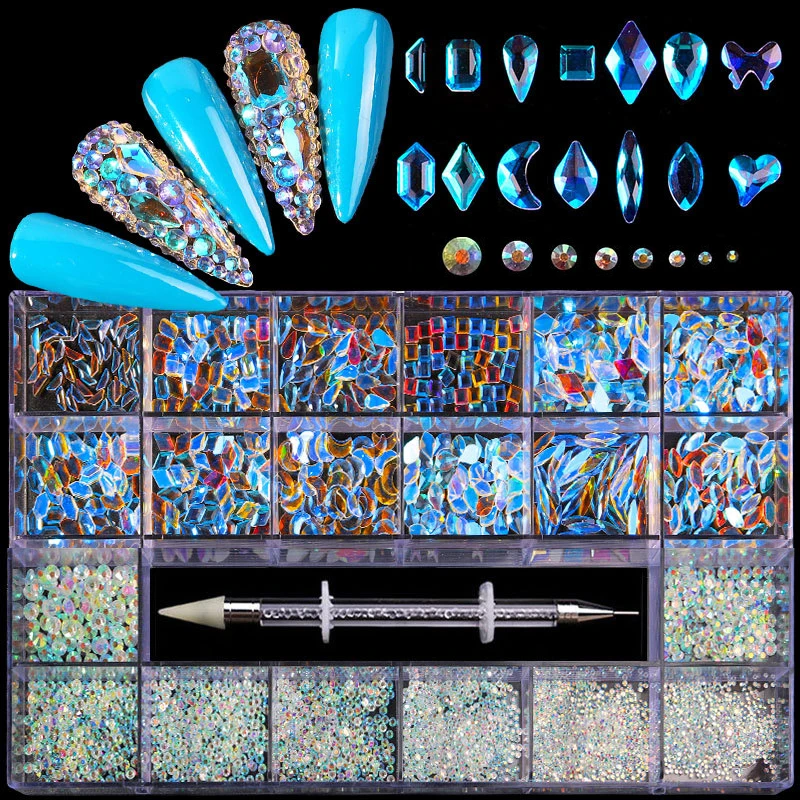 2800 teile/schachtel Luxus Strass Nail art Schmuck Set Glas Nagel Kristalle Box 3D Flache Glas Geformt Diamant Nägel Dekoration Edelstein – Detail 17