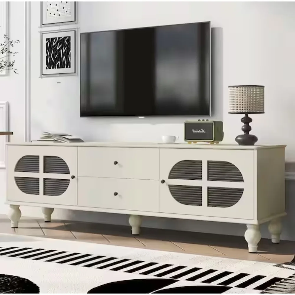 TV Stand Fits TV's up to 75 in. with Fluted Glass Doors, 2-Drawers, 2-Cabinets and 5-Solid Wood Legs