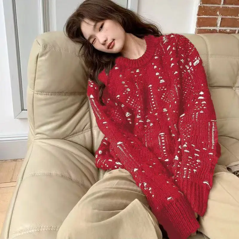 

Свободный хлопковый вязаный свитер с круглым вырезом, двойной слой, вышивка, винтажный стиль, женская верхняя одежда с длинными рукавами и воротником-гольф