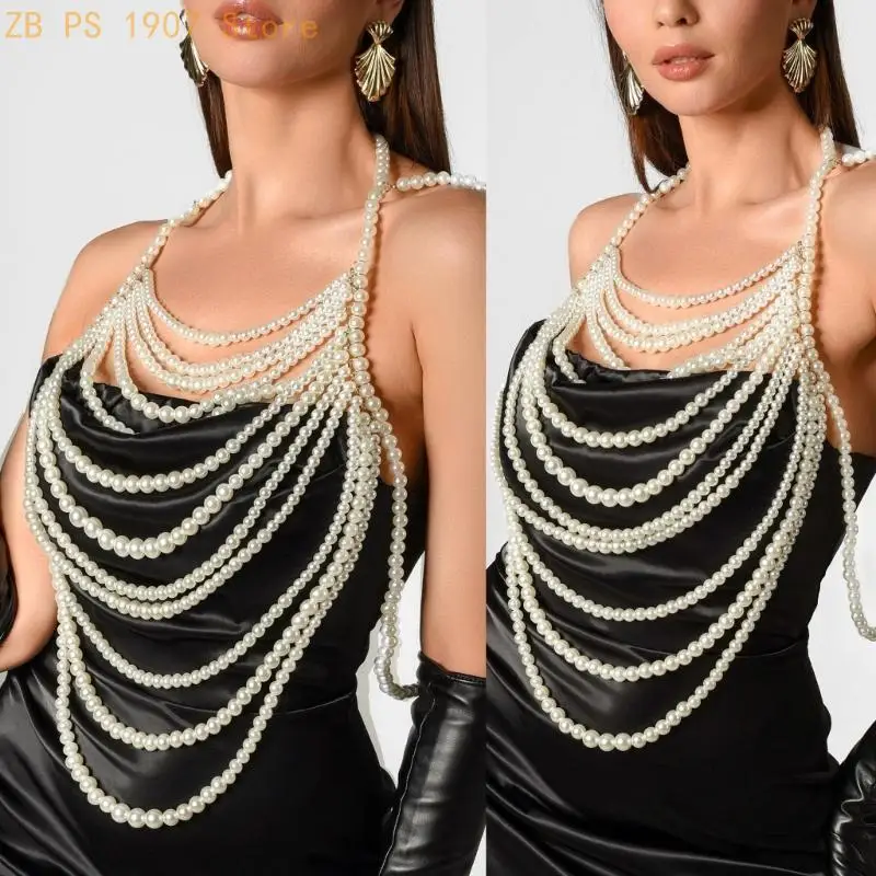 Multilayer Faux Pearl Beaded Body Chain Bralette Women Collar Shoulder Chest Harness Necklace Sexy Body Jewelry Lingerie 55KA