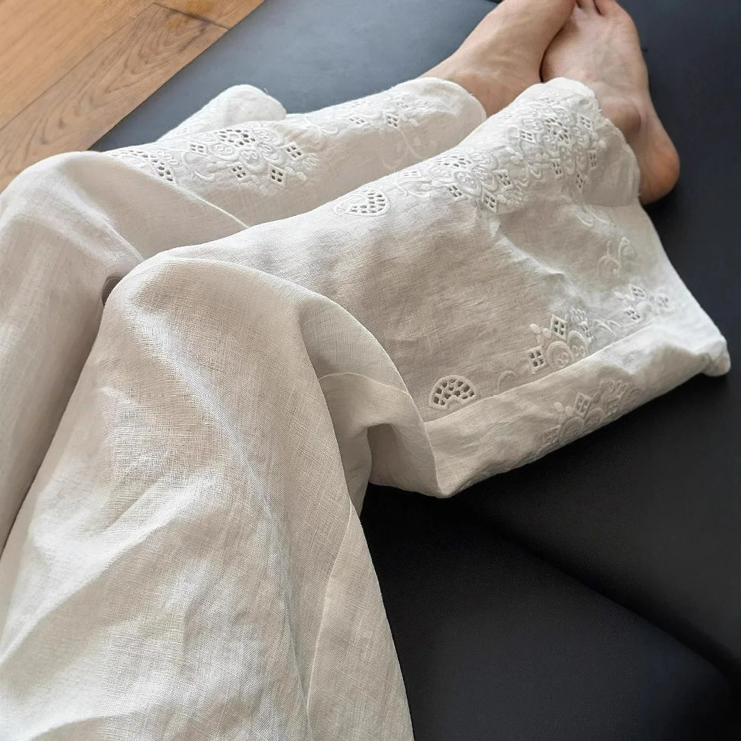 

Женские белые широкие брюки из хлопка и льна с вышивкой и кружевными вставками, универсальные повседневные длинные брюки