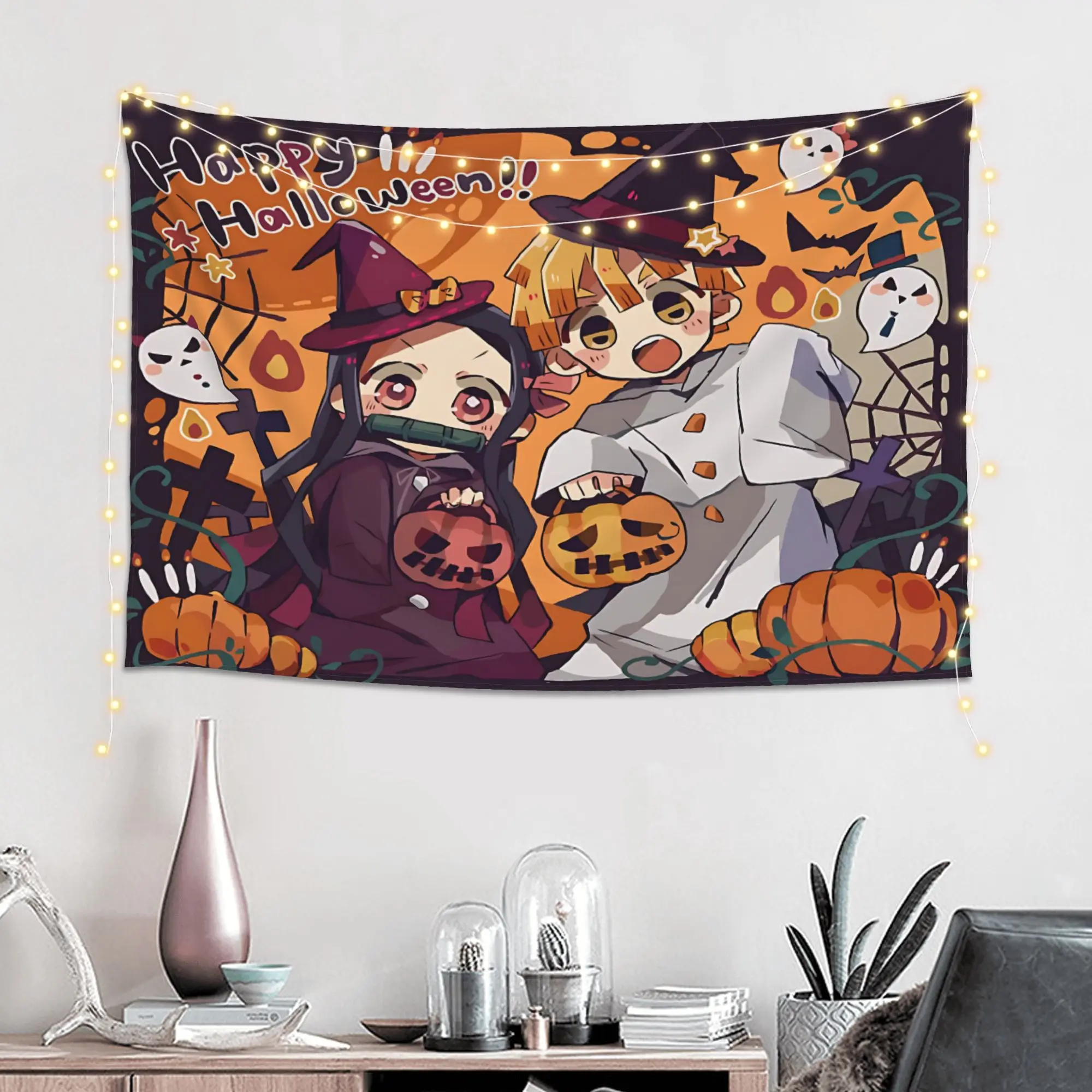 Customized Halloween Demon Slayer Cutecore Tapestry  Wall Hanging Blanket Tapestry Home Decor Items Wall Decorations