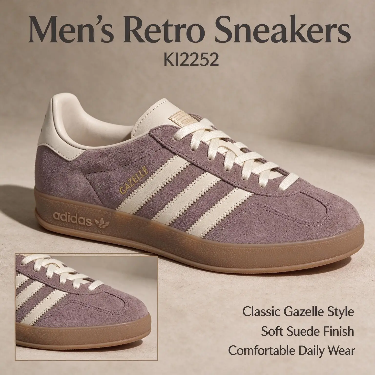 Adidas Originals Gazelle Indoor KI2252, baskets rétro pour hommes, dessus en daim, semelle extérieure en caoutchouc à trois bandes, chaussures de ville décontractées.