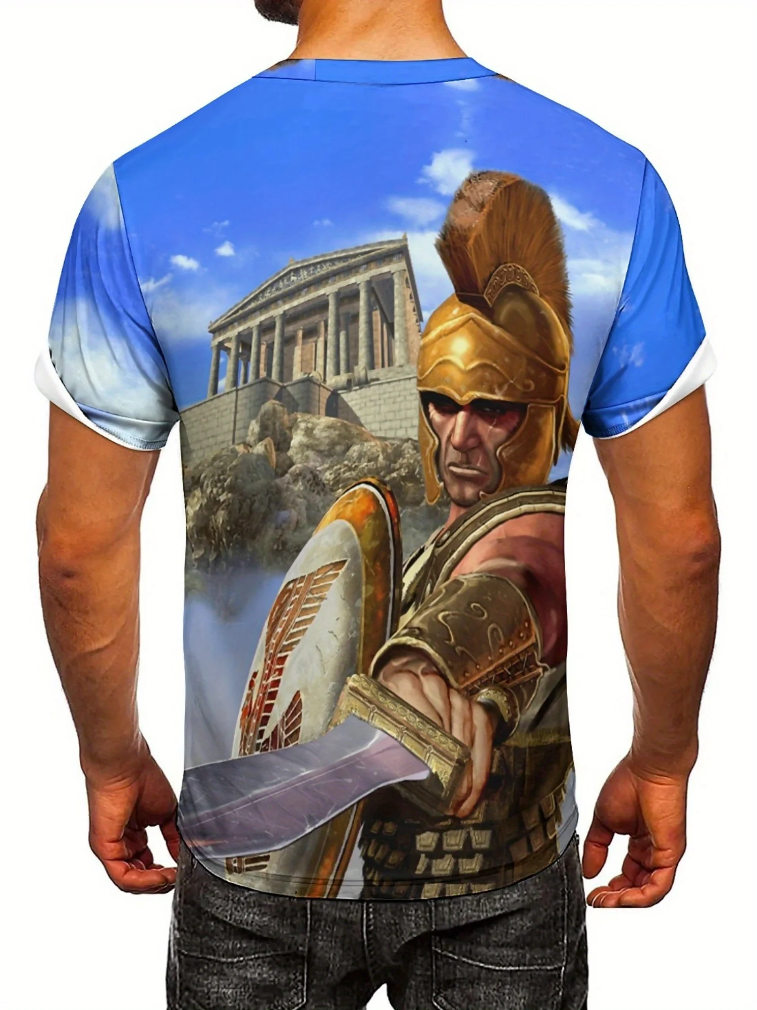 Plus Size Men's 3D Print Knight & Parthenon Graphic T-Shirt - Gothic Dark Loose Fit Breathable Fabric, Short Sleeve