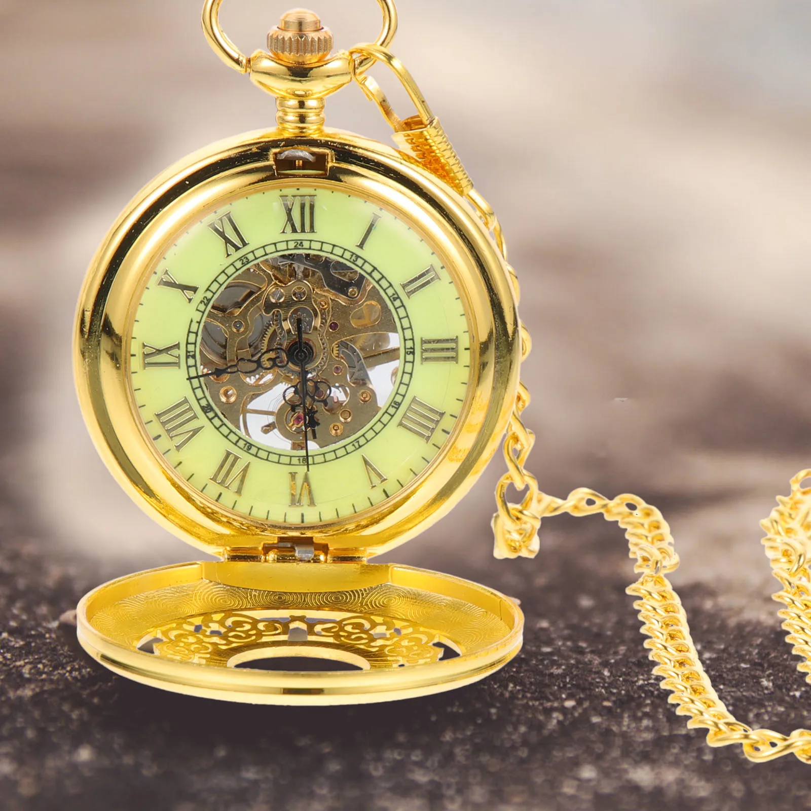 Mechanical Hand Wind Pocket Half Hunter Dial Steampunk Retro Gold Alloy Case Scratch Resistant Mineral Glass