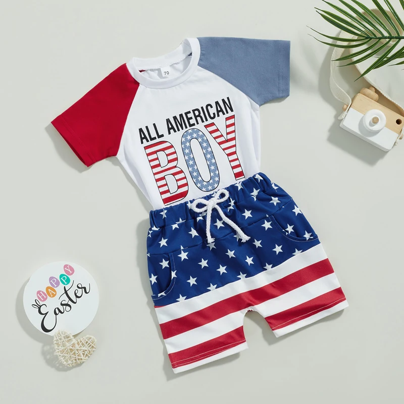 2023-03-01 Lioraitiin 0-3Years Baby Boys Independence Day Letter Print Short Sleeve T-shirt Elastic Star Stripe Shorts Set