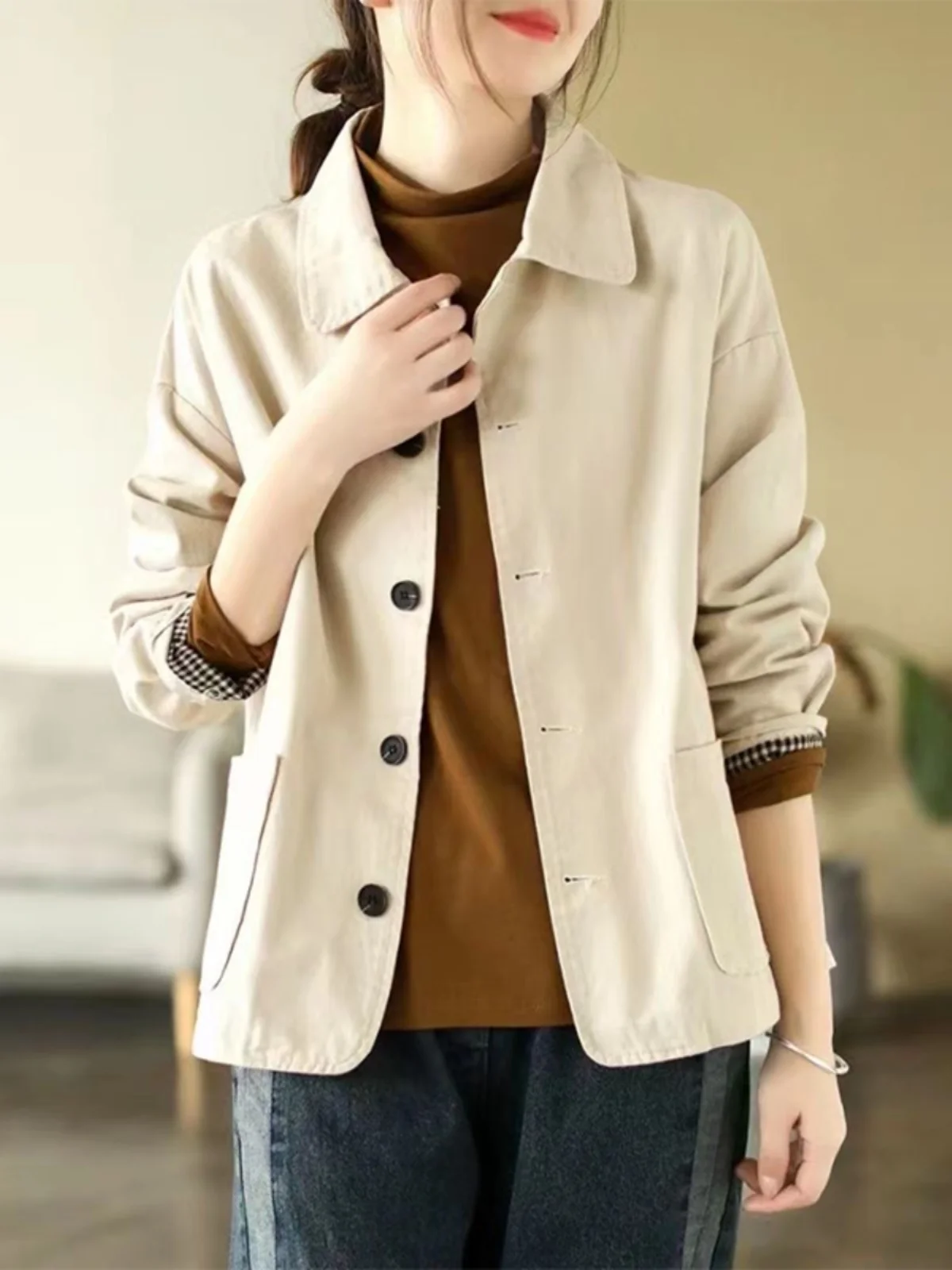 

Faionable ort Women's Jaet Spring Autumn Loose Long Sve Collar Button up Casual Outerwear Pure Color Commute Sle