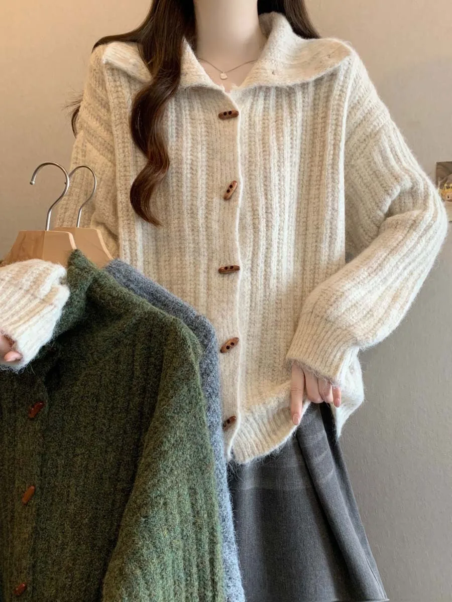 

plus Size Casual Knitted Sweater Coat Women's Autumn Winter New Style Loose Slimming Comfortable Pure Color Knitwear Top