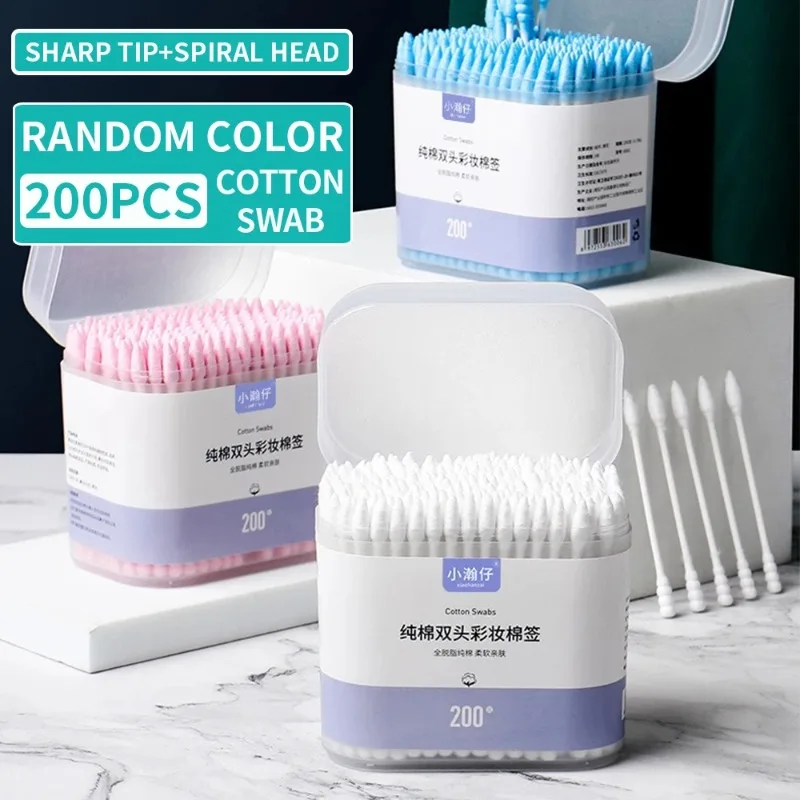 200PCS Double Ended Cotton Pads Pointed Wooden Swab Makeup Remover Box Ear Cleaning Disposable Cotton Swabs