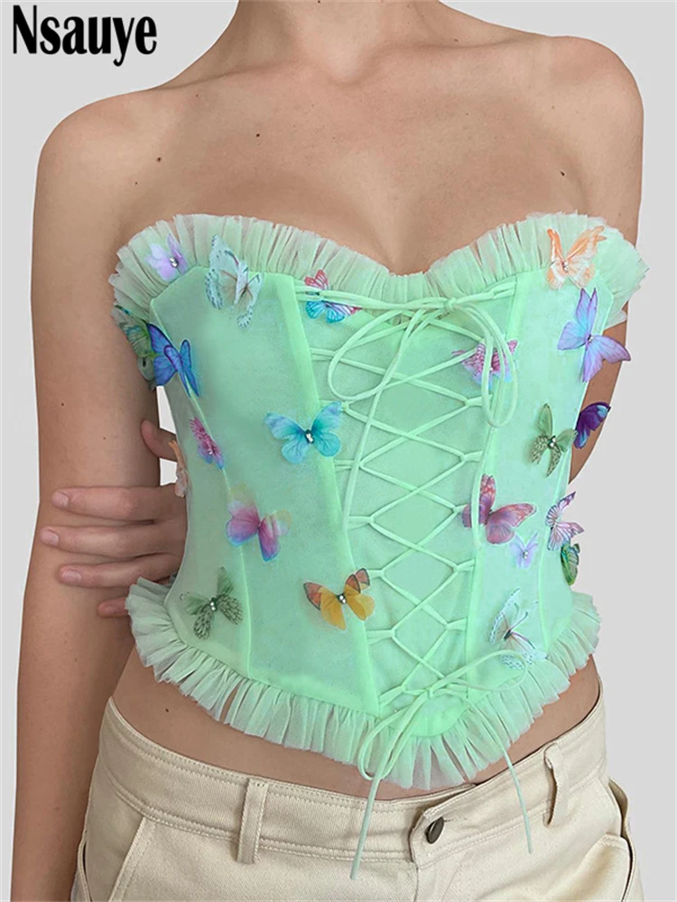 Nsauye Sexy Mini Women Skinny Y2K Butterfly 3D Decoration Fashion Corset Crop Tops Night Club Off  Shoulder Vest Tank Tops 2025