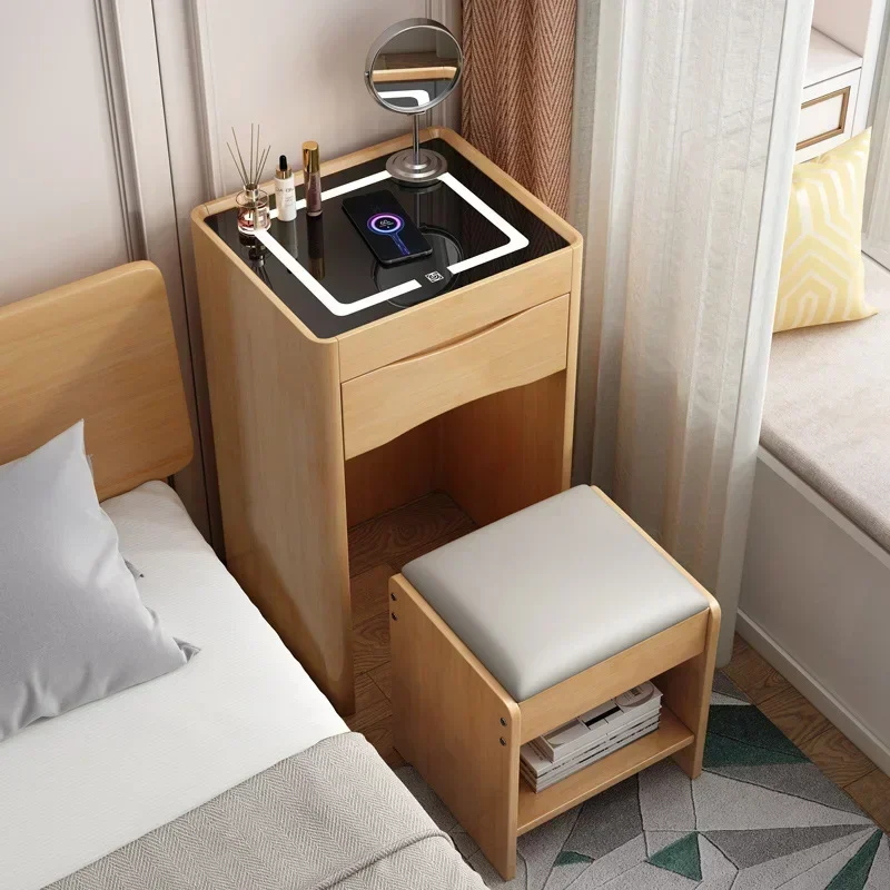 Compact 3-in-1 Dressing Table with Flip Mirror and Light, Small Dressing Table Set with Visible Glass Tabletop Cushioned Stool