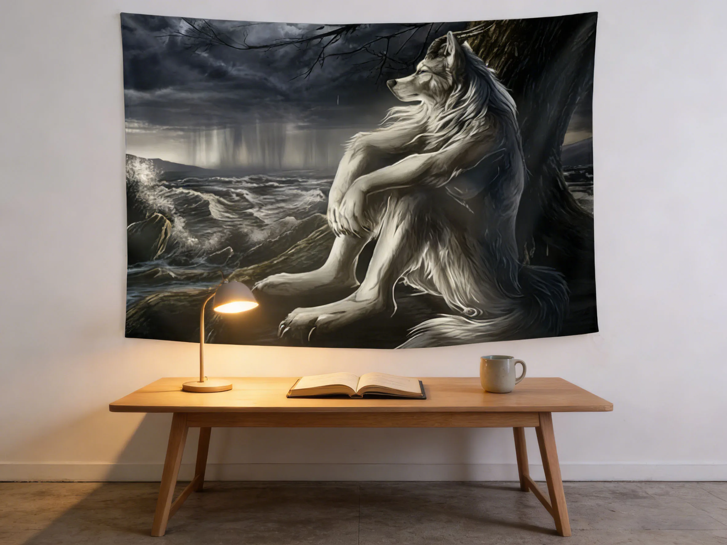 2026 Interesante Tapiz de Lobo Alpha Sigma Beta para Colgar en Interiores, Mural Decorativo Emo de Lobo Blanco Sentado Triste para el Hogar