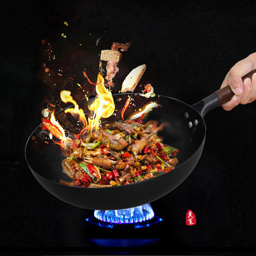 Pure Iron Wok Cast Iron Pan Non-coated Pot General Use for Gas and Induction Cooker 32cm Chinese Wok Cookware Pan