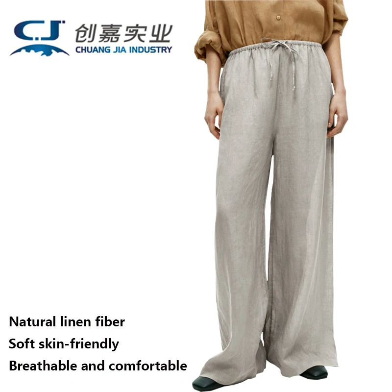 

High Quality Linen Women Trousers Khaki Elastic Waist Lace-up Straight Leg Trousers Wide Leg Loose Plus-size 3XL 100KG Fat Girl