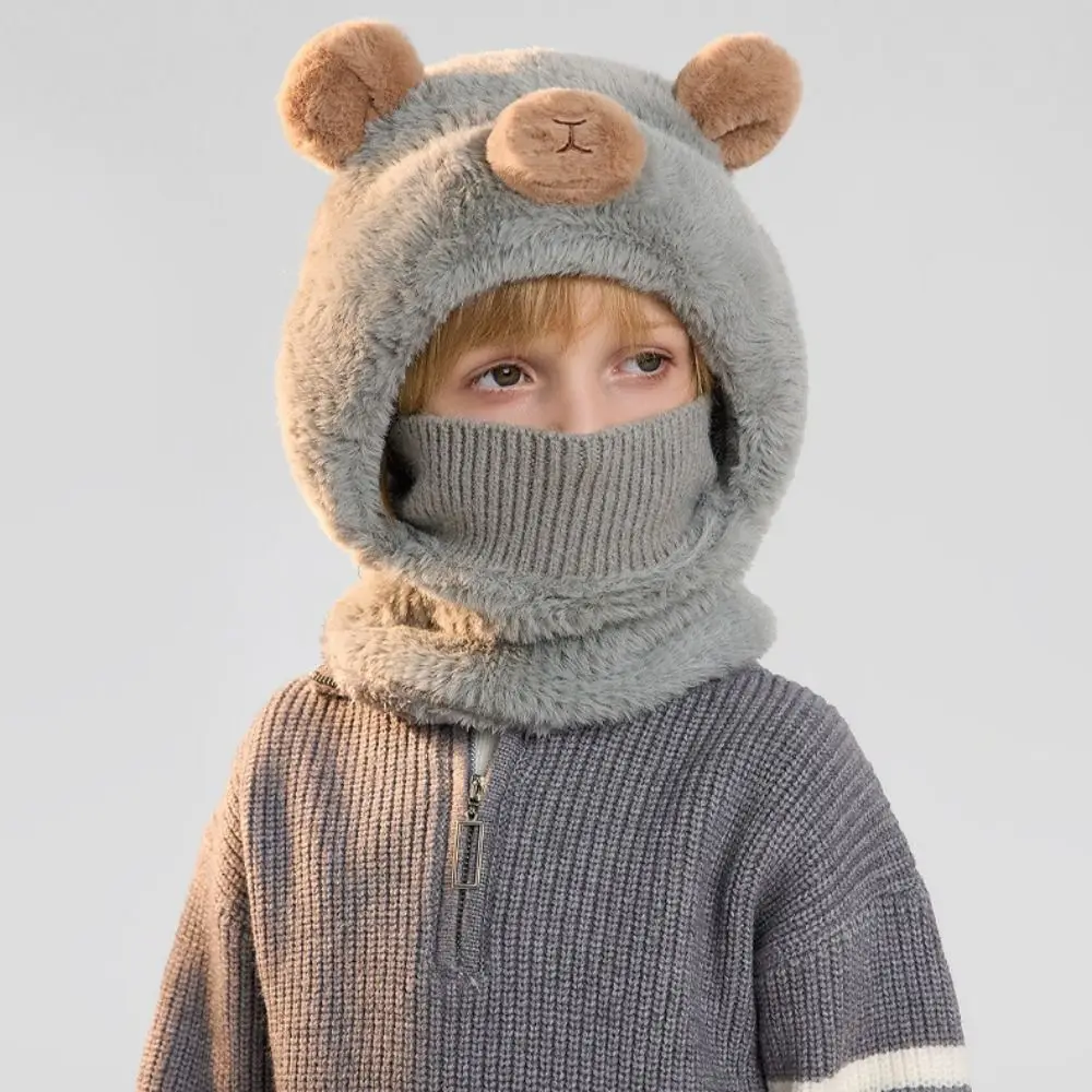 قبعة بلوفر للأطفال قبعة بالاكلافا سميكة دافئة متكاملة لحماية الأذن وشاح للرقبة مقاومة للرياح للأطفال قبعة الدب تستخدم الأطفال