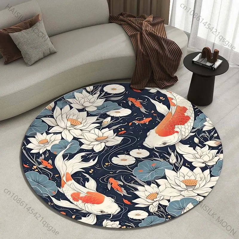 Koi swim in a lotus pond, elegant and fresh Printed round carpet living room sofa table carpet large pet mat soft round carpet