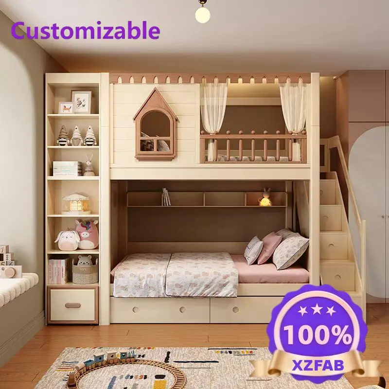 Factory Direct 2026 Solid wood upper and lower high and lower beds with slides and steps combined beds Boys and girls Elevated b