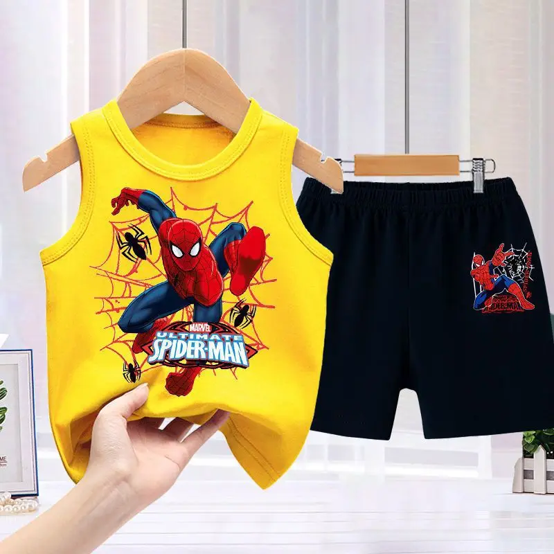 Disney Children's Clothing Set  Spiderman Boys Summer Trend Baby Sleeveless Vest Shorts 2pcs Set Kids Outfits Outdoor Clothes