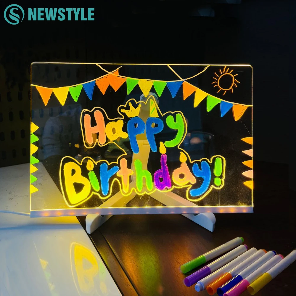 LED Note Board Night Light with 7 Colors Pen Lighted Acrylic Drawing Board Glowing Message Marker Board For Office School Home