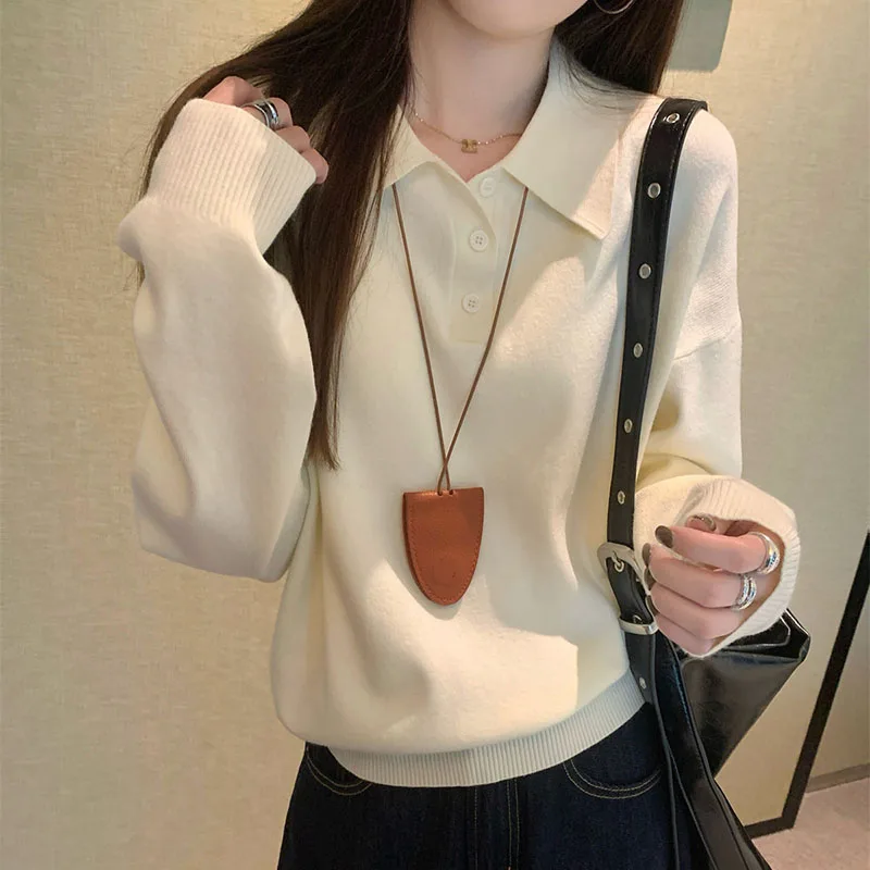 College Style Lapels Knitted Sweater Women Fashion Loose Long Sleeve Jumper Tops Woman Thicken Soft Vintage Pullover Sweaters