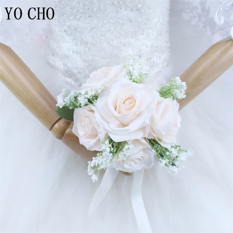 Bridesmaid Wedding Bouquet Flower Ivory Silk Rose Babysbreath Fake Flower Mini Bouquet for Bridal Bridesmaid Mariage Wedding