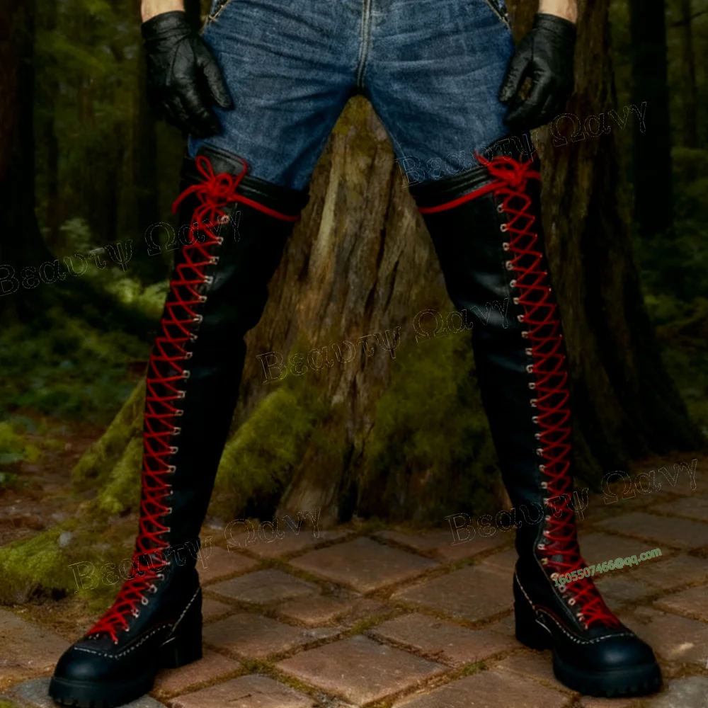 Nero Blu Corda Frontale Croce Legato Stivali grandi da uomo Stivali alti da cavaliere Scarpe con punta tonda per uomo Scarpe Zapatos Para Hombres