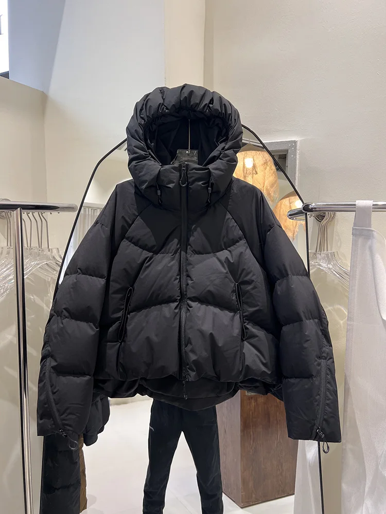 2025 new 90 down jacket sleeve zipper design short style women's hooded fashion loose simple warm white duck down coat