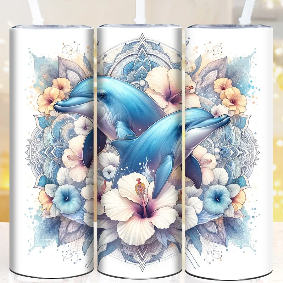 20oz Insulated Travel Party Skinny Straight Coffee Tumblers with Lid Straw Stainless Steel 3D Print Dolphin & Flowers Vacuum Cup