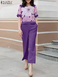 ZANZEA Holiday Summer Pant Sets Wide Leg Trouser Women Top and Pant Casual 2-Piece Sets Floral Print Blouse Korean 2pcs Outfits