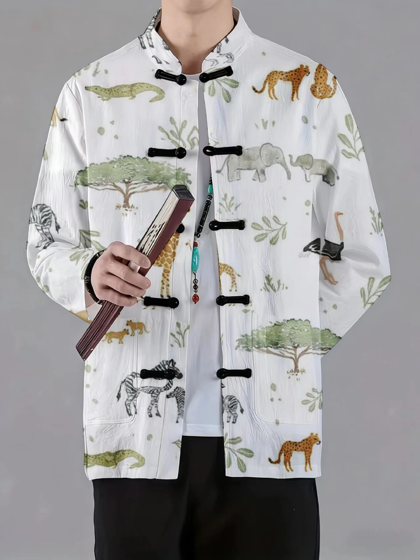 Men Men Mandarin Collar Frog Button Jacket Crane Safari Animal City Palm Art Print Traditional Outerwear - Aliexpress Deal