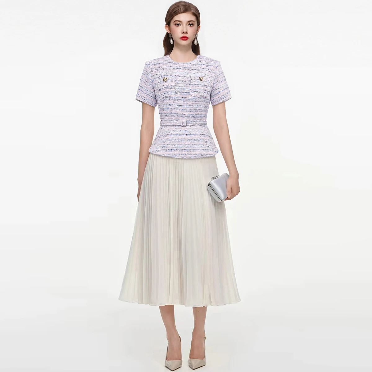 2026 Summer Elegant Women Fake Two-Piece Dress O Neck Short Sleeve Tweed Belt Design Chiffon Pleated Dress Office Formal Outfits