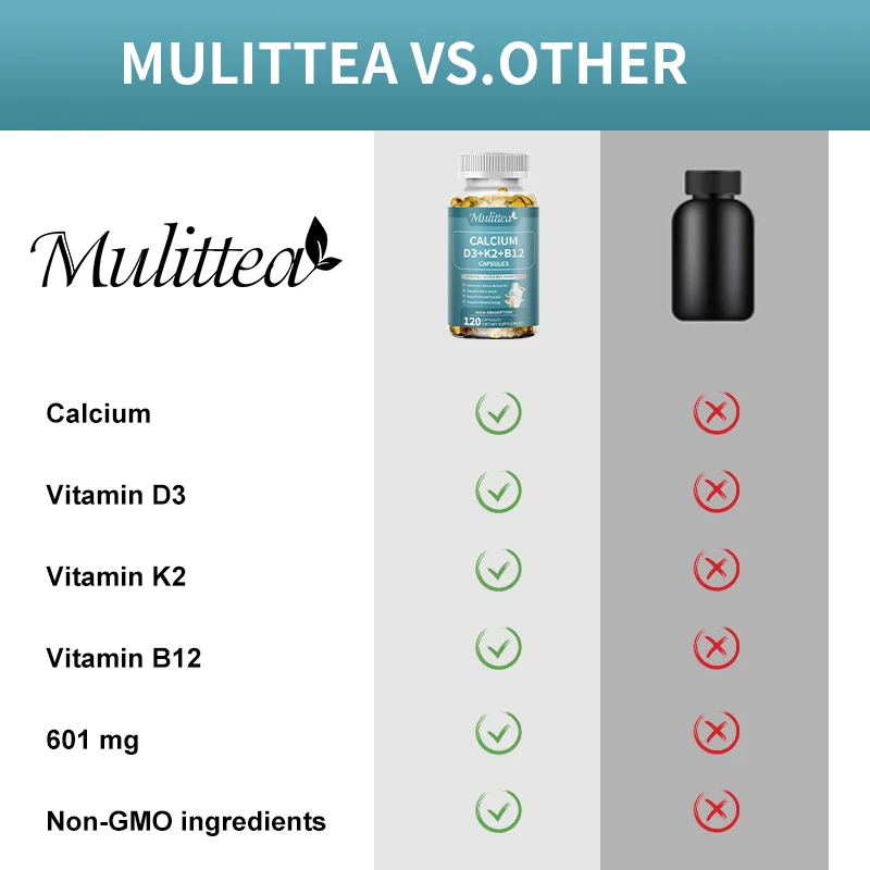 كبسولات Mulittea Calcium D3+K2+B12 - تدعم صحة العظام والعضلات الأسنان والجلد وتجديد المفاصل وتجديد العظام