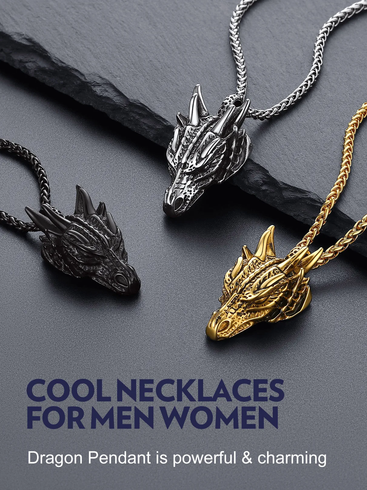 Chainspro Dragon Head Pendant Necklaces For Men Punk Jewelry Stainless Steel Animal Pendant 22Inches Rope Chain Jewelry Gift