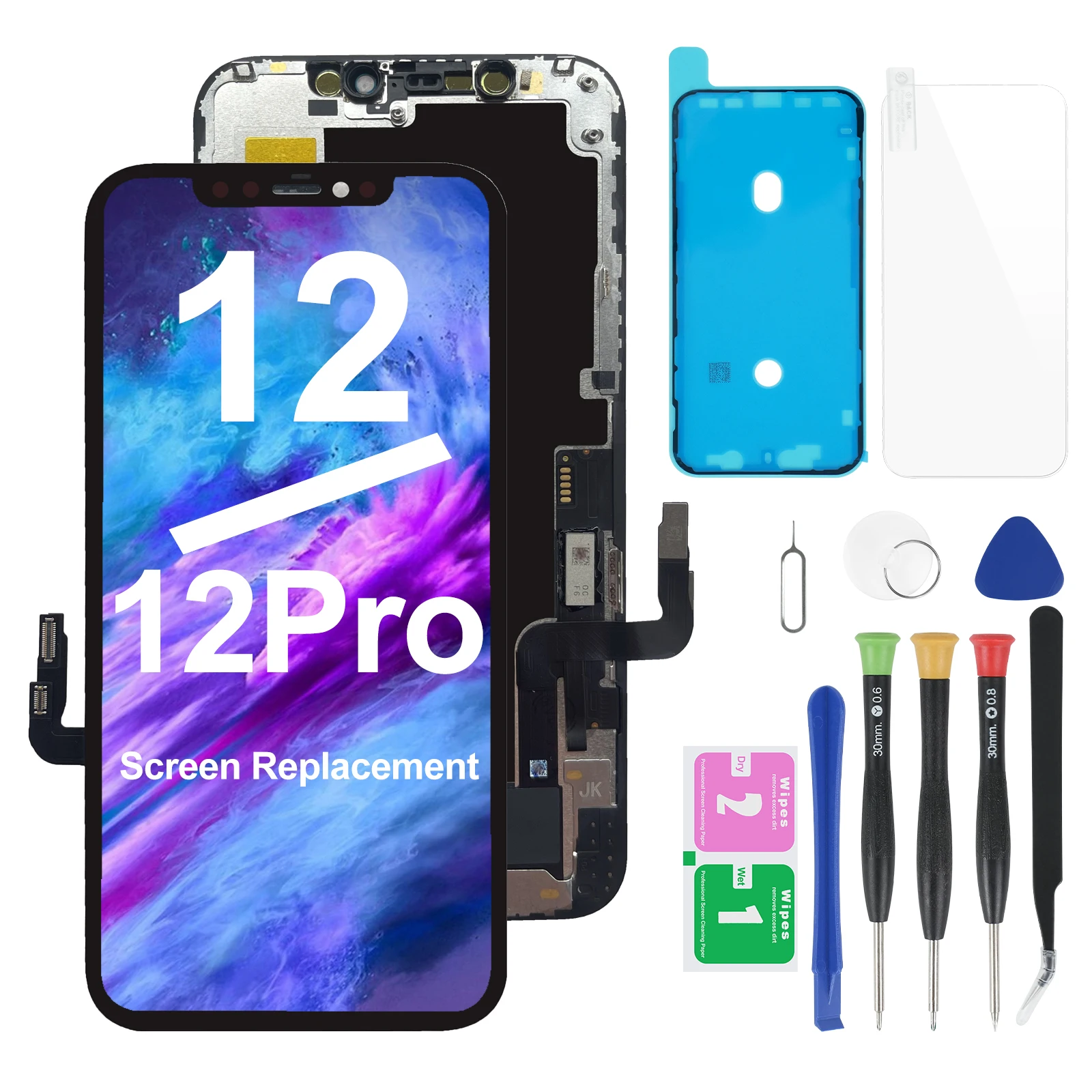 

Сменный экран для iPhone 12/12 Pro 6,1 дюйма, ЖК-дисплей, 3D сенсорный дигитайзер, стеклянный дигитайзер в сборе с распознаванием лица + ремонт