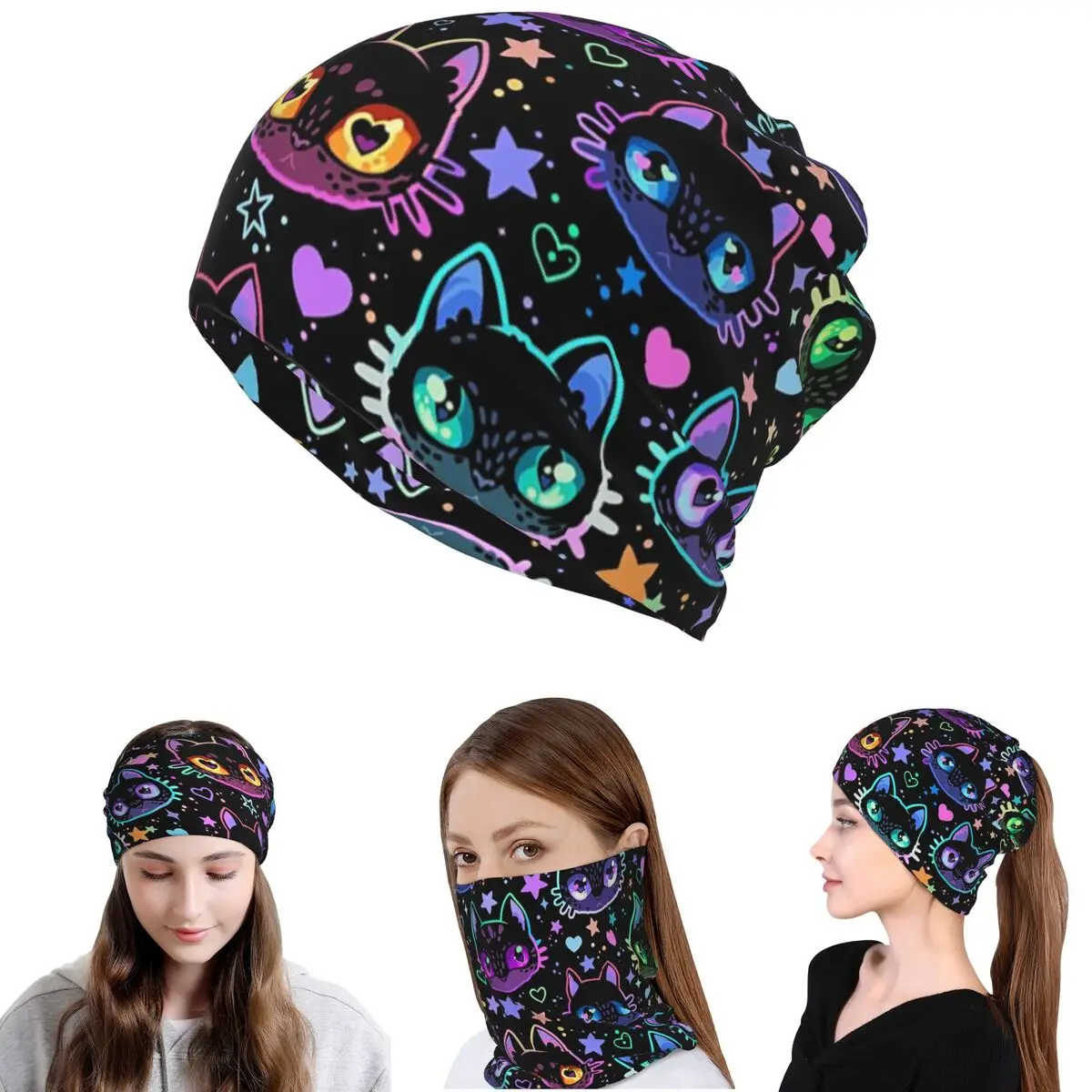 

Colorful Cat Silhouettes Cartoon Black Cats Bandana Neck Cover Magic Scarf Warm Balaclava Beanies Hat Unisex Adult Winter