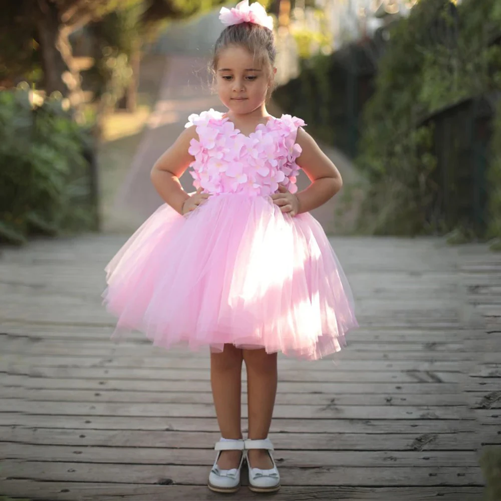 

Romantic Three-dimensional Flower Baby Birthday Dress Sleeveless A-Line Knee Length Tulle with Bow for Wedding Flower Girl Dress