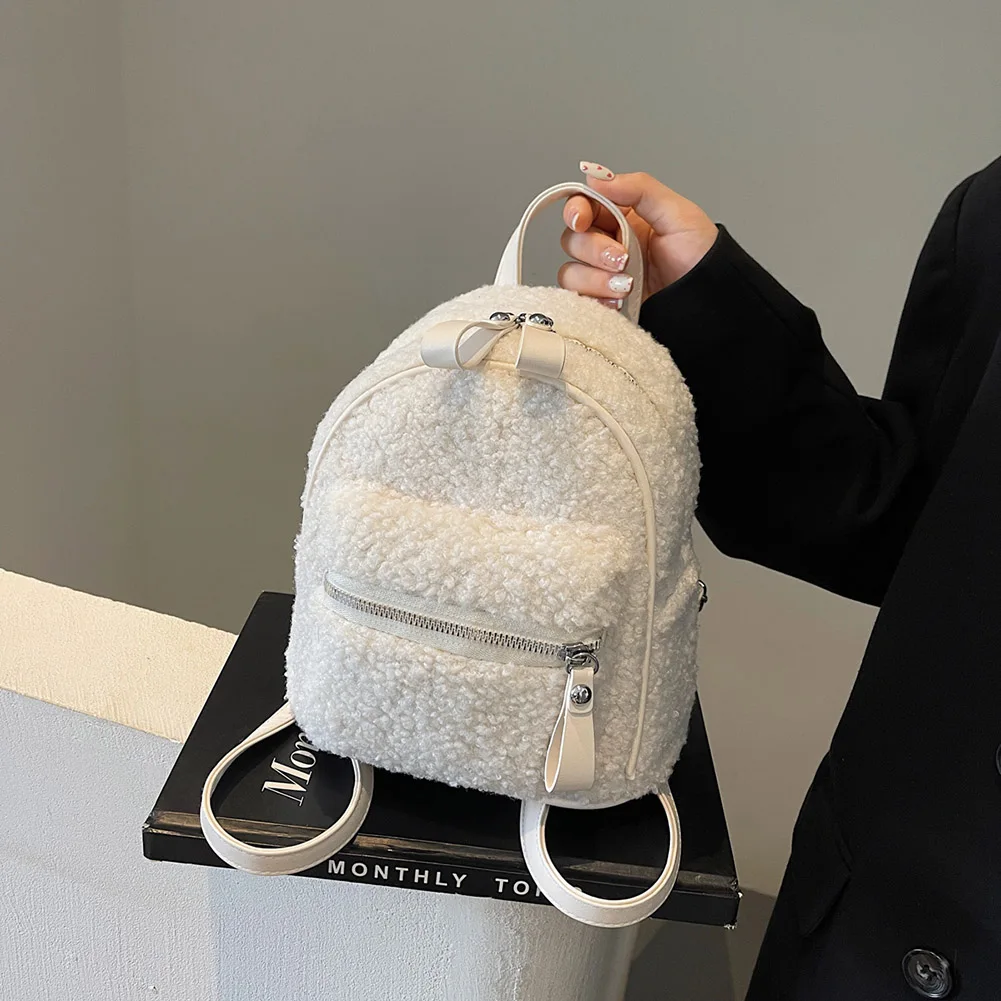 Women Plush Backpack with Multi-Pockets Toddler Backpack Fuzzy Mini Shoulder Bag Mini Schoolbag Mini Travel Bag
