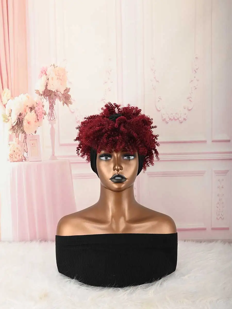 Headband Wig Curly Headband Wig With Bangs For Women Synthetic Afro Curly Hair Wig With Headband Attached Short Kinky